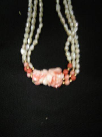 Appraisal: Carved Coral Freshwater Pearl Necklace triple strand floral clasp long