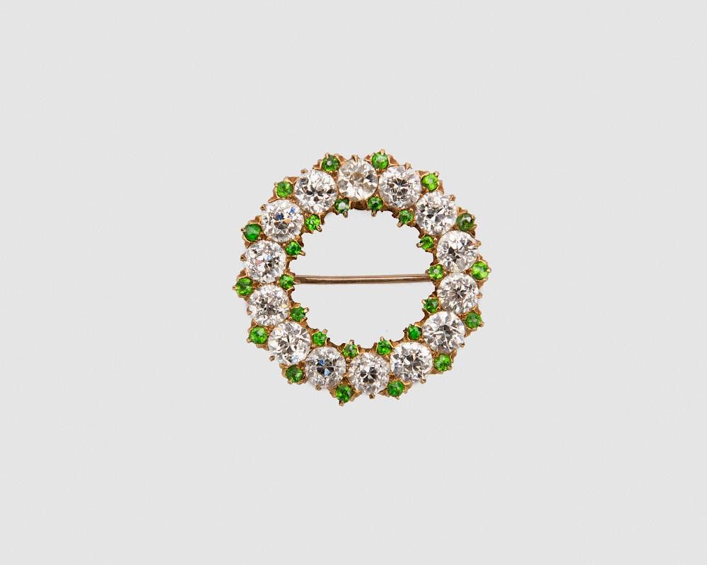 Appraisal: K Yellow Gold Diamond and Demantoid Garnet Brooch K Yellow