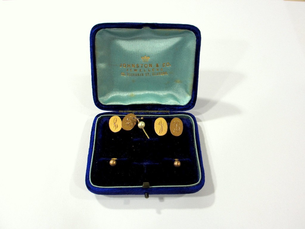 Appraisal: Pair of ct gold oval cuff links engraved with initials