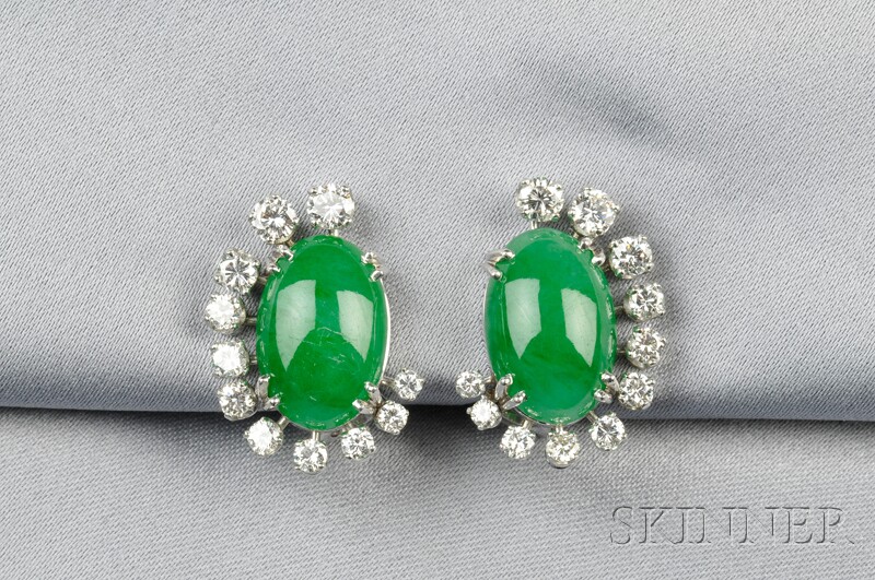 Appraisal: Platinum Jadeite and Diamond Earclips each set with an oval