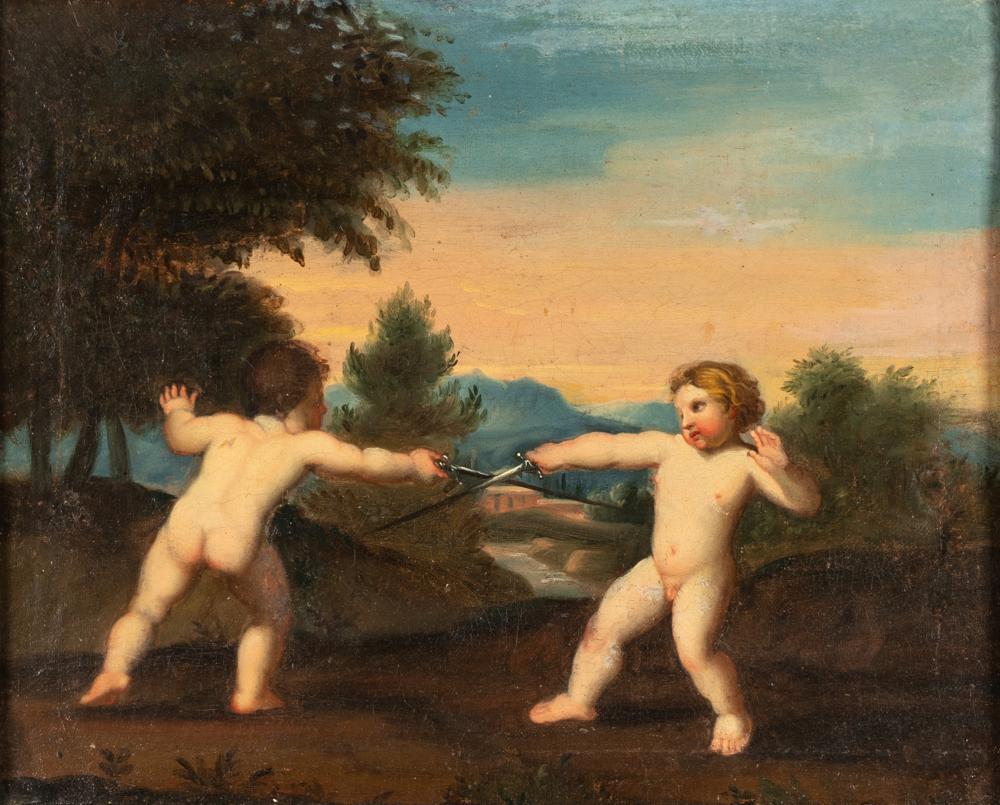 Appraisal: ITALIAN SCHOOLcherubs dueling oil on canvas relined unsigned Provenance A