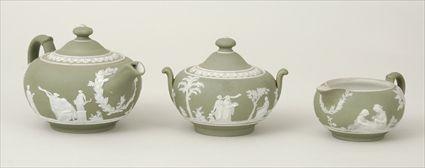 Appraisal: Wedgwood Green Jasperware Three-Piece Tea Service Comprising teapot sugar bowl