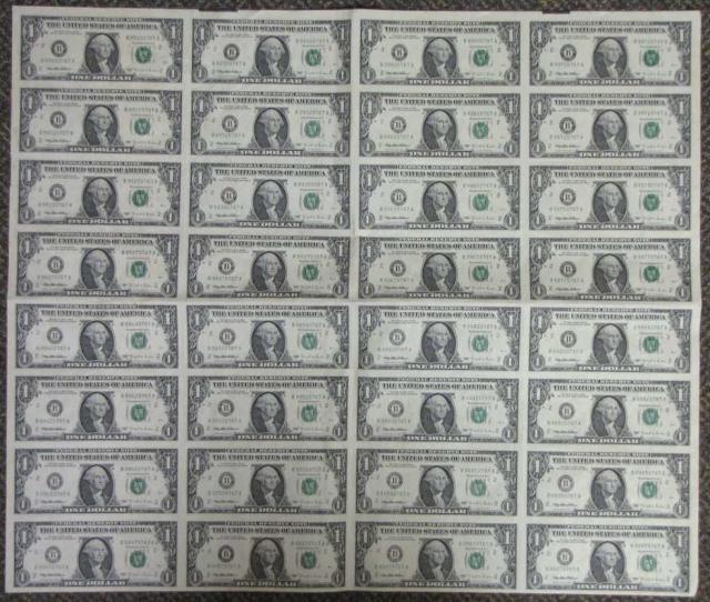 Appraisal: Uncut sheet of U S bills count page has been