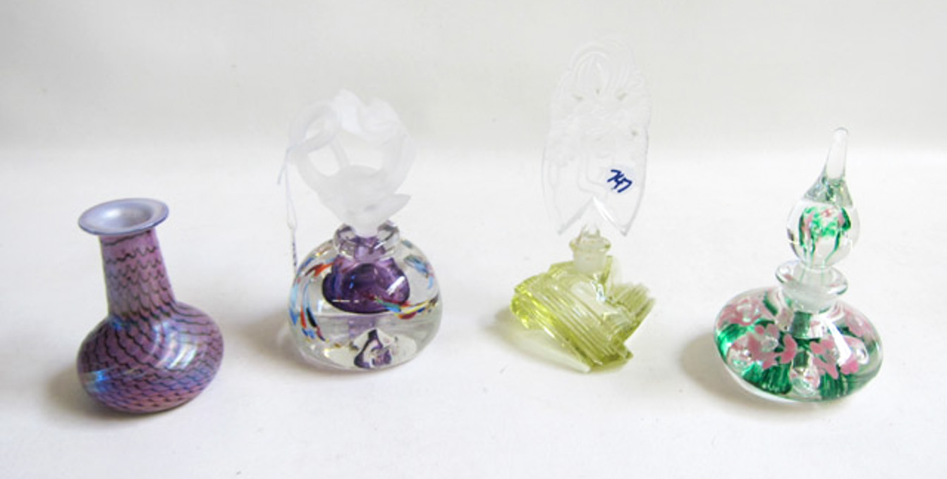 Appraisal: THREE ART GLASS FRAGRANCE BOTTLES AND ONE VASE the first