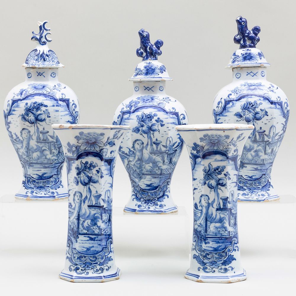 Appraisal: Blue and White Delft Five Piece Garniture Comprising Three vases