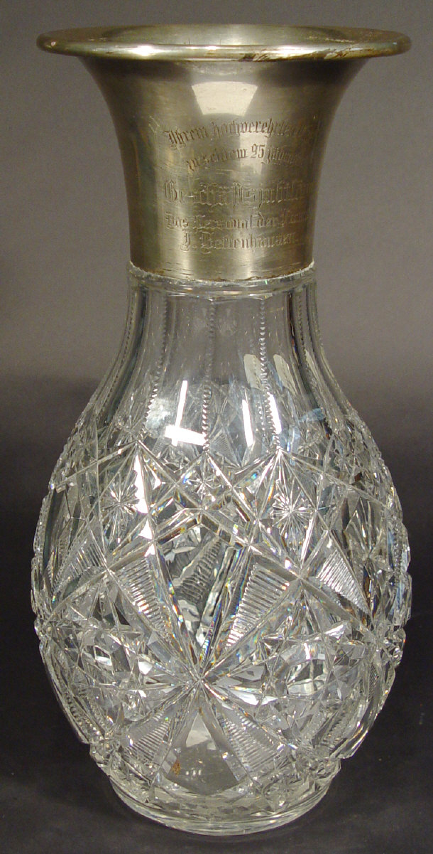 Appraisal: Large teardrop shaped cut glass vase with silver plated mount