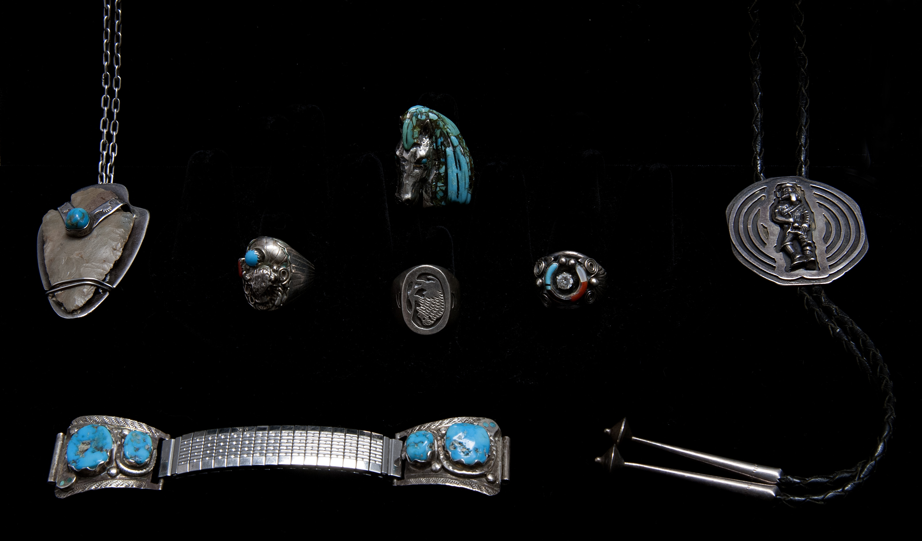 Appraisal: SEVEN PIECES OF AMERICAN NATIVE AND WESTERN SILVER JEWELRY Century