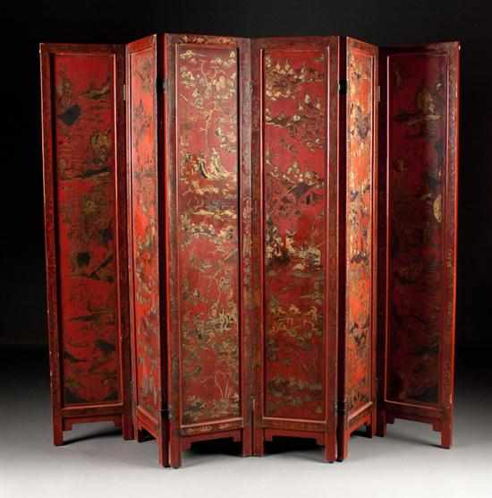 Appraisal: Chinese gilt decorated red lacquer six-panel screen mid- th century