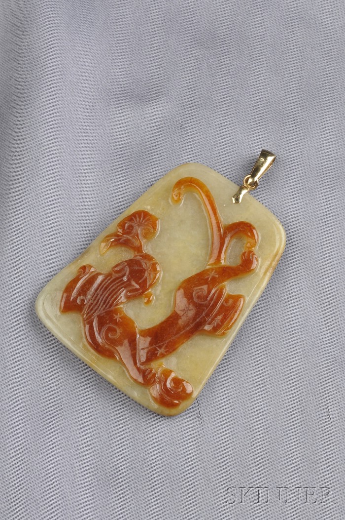 Appraisal: Bicolor Carved Jade Pendant one side depicting a dragon the