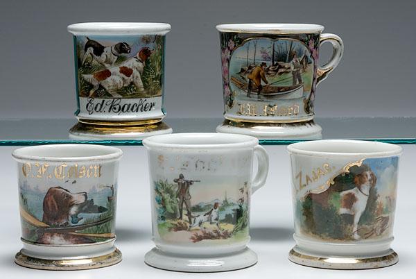 Appraisal: OUTSTANDING GROUP OF FIVE HUNTERS' MUGS all porcelain comprising of