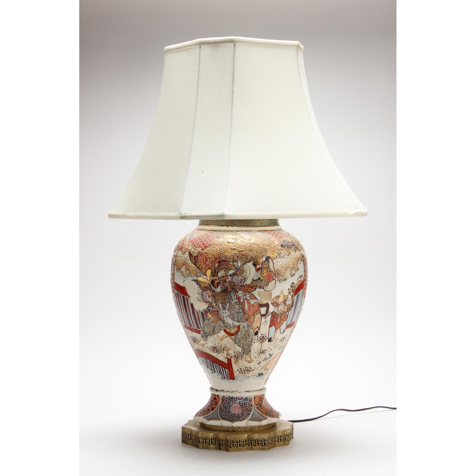 Appraisal: Large Japanese Satsuma Porcelain Table Lamp early th century baluster