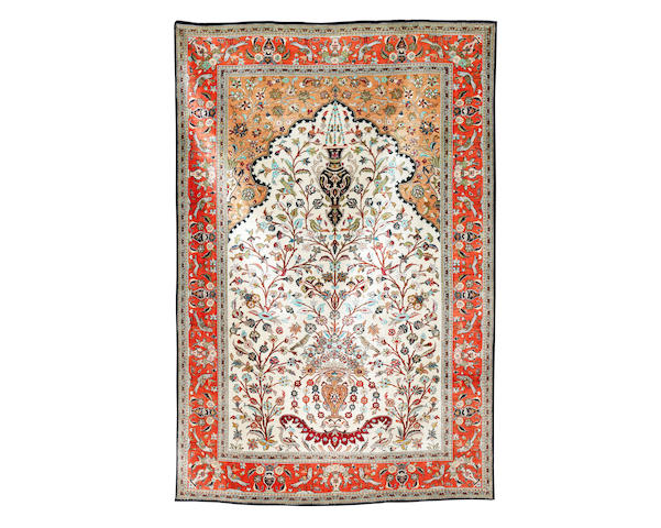 Appraisal: A silk Ghom prayer rug Central Persia cm x cm