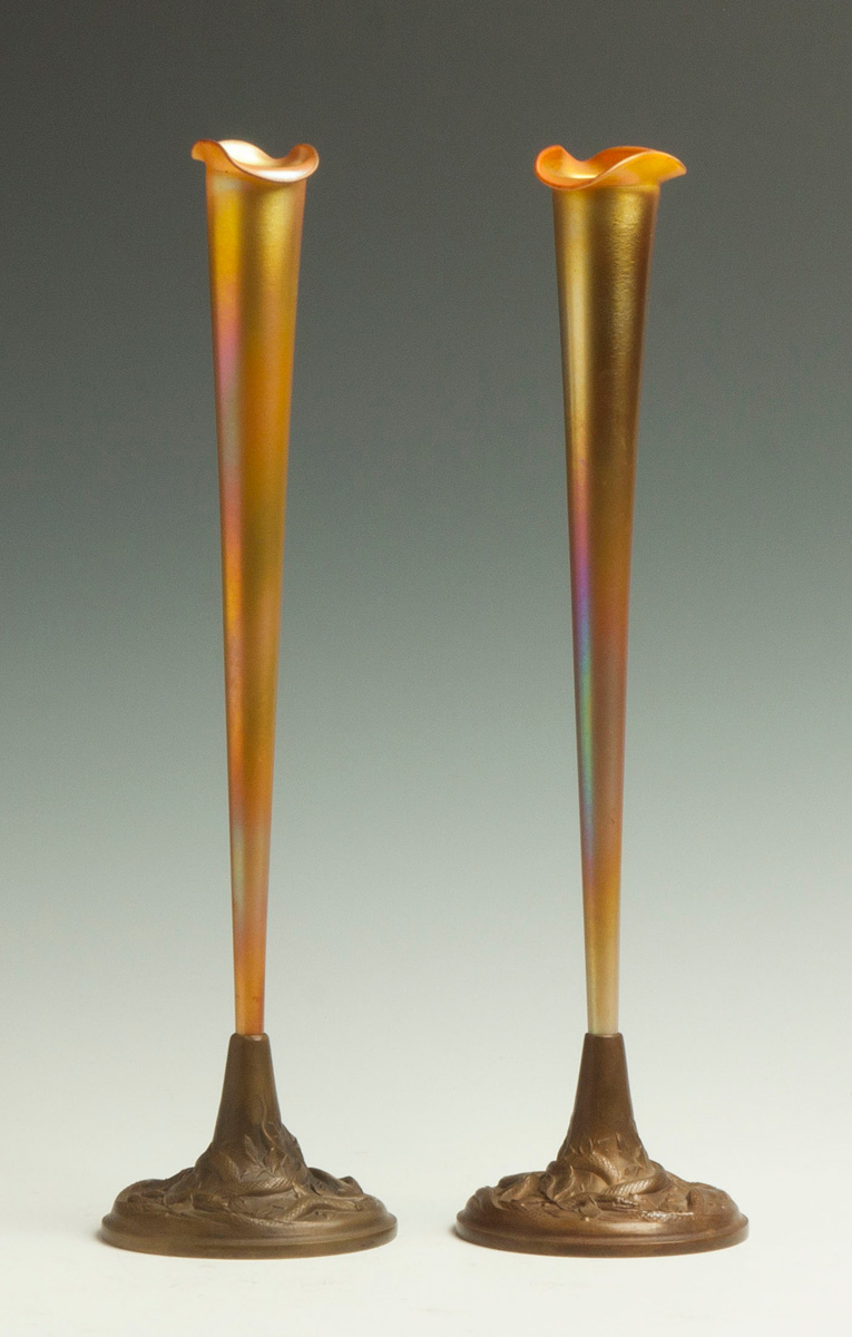 Appraisal: Pair of Quezal Iridescent Vases Early th cent One sgn