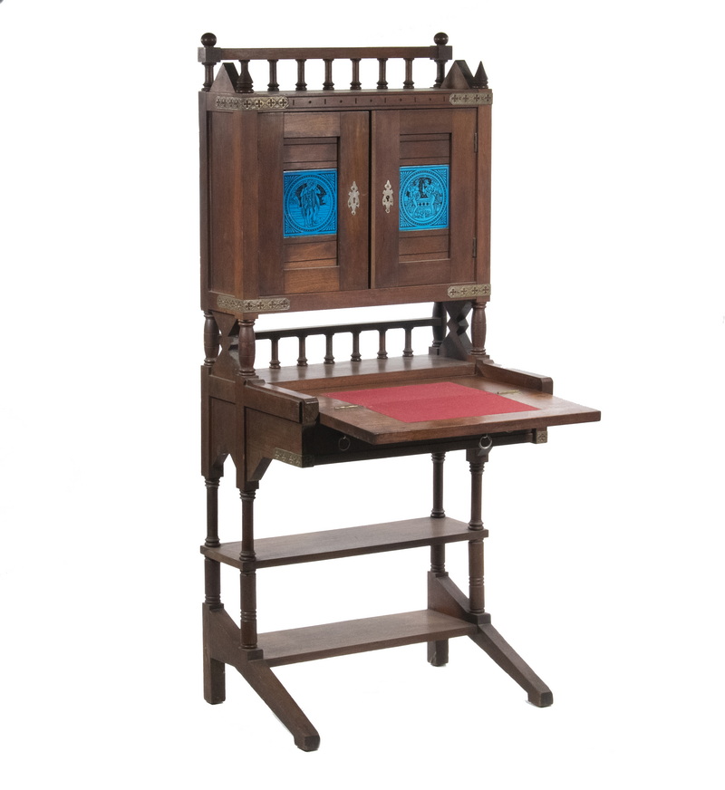 Appraisal: AESTHETIC MOVEMENT DESK WITH SHAKESPEAREAN MINTON TILES Circa Walnut Cabinet