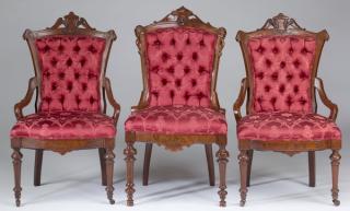 Appraisal: Renaissance Revival walnut chairs in silk damask Three Renaissance Revival