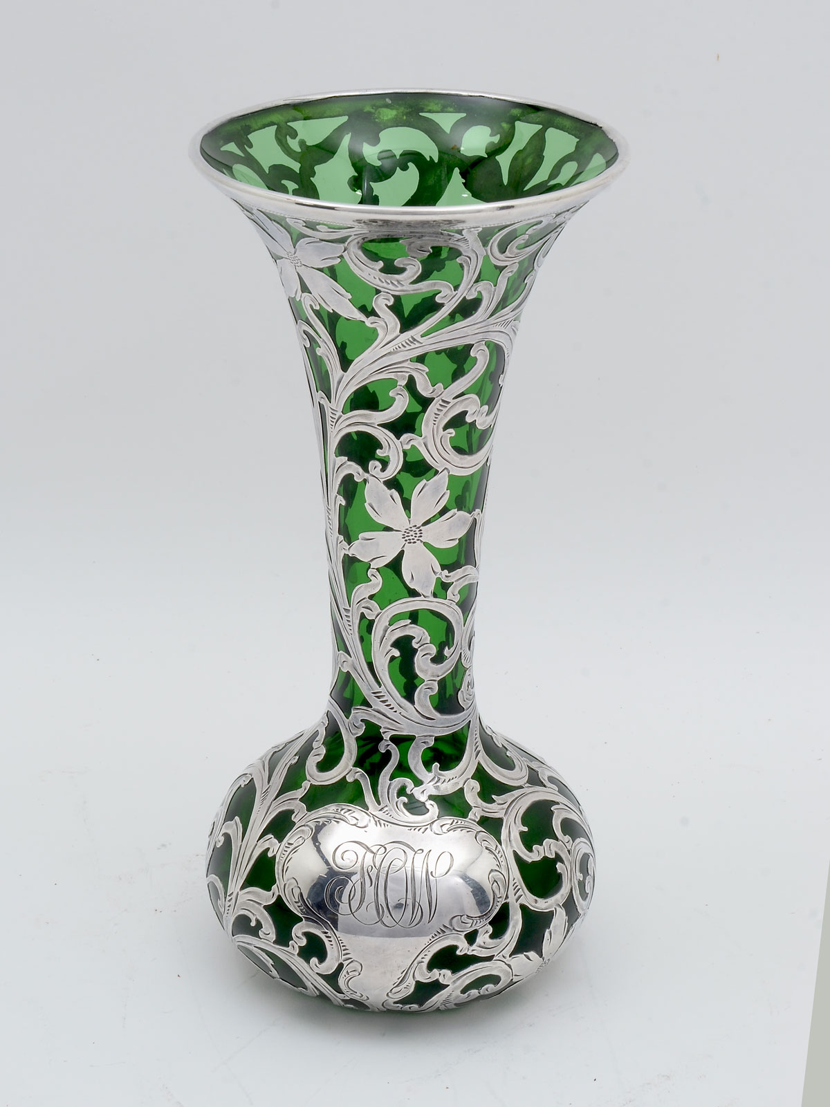 Appraisal: ALVIN PURE SILVER OVERLAID VASE Green glass flared vase having