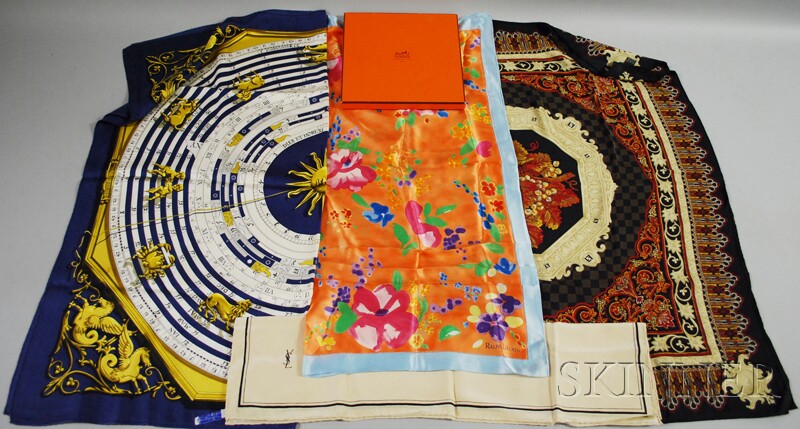 Appraisal: Four Designer Silk Scarves Herm s Zodiac Fendi Yves Saint