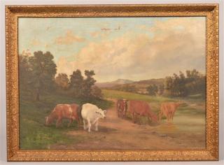 Appraisal: Unsigned th Century Cows by a Stream Oil on Canvas