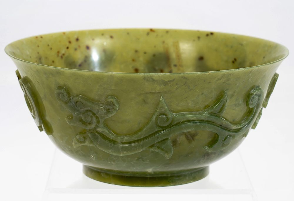 Appraisal: Large Chinese Spinach Jade Carved Bowl Chinese jade carved bowl