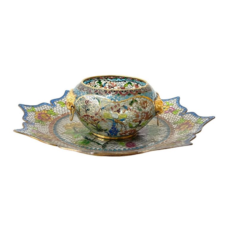 Appraisal: Chinese Mosaic Glass Bowl and Under Plate Detailed tinted glass