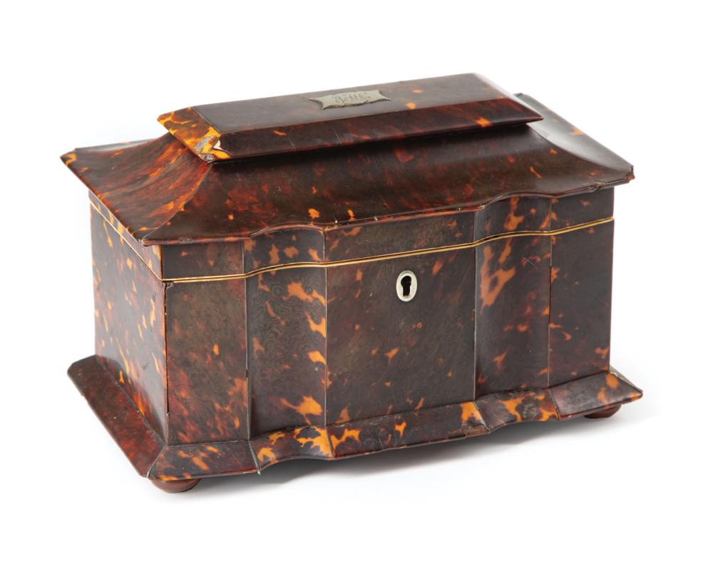 Appraisal: George III Tortoiseshell Tea Caddy early th c interior with