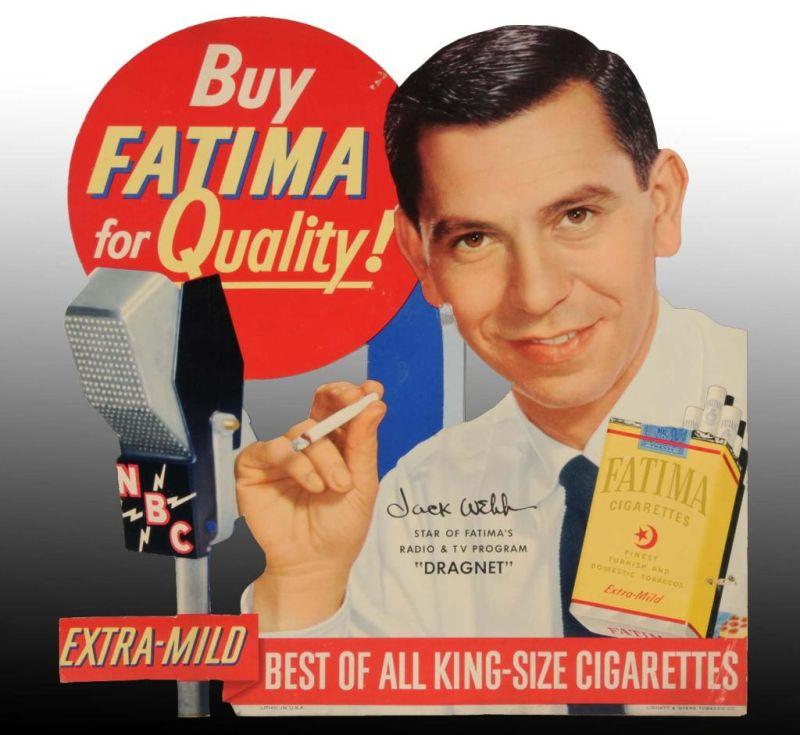 Appraisal: Cardboard Fatima Cigarettes Die-Cut Sign Description s Featuring Jack Webb