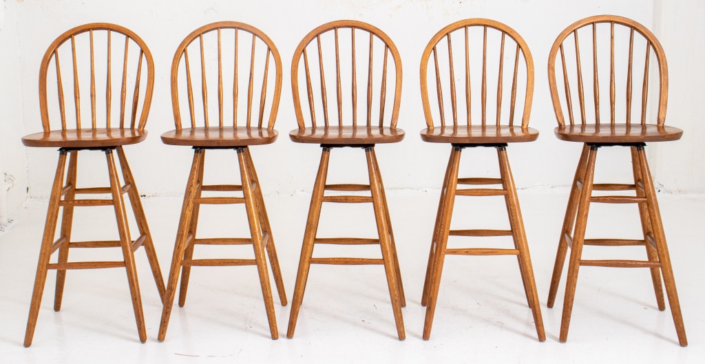 Appraisal: WINDSOR STYLE OAK HIGH STOOLS Windsor style oak higyh stools