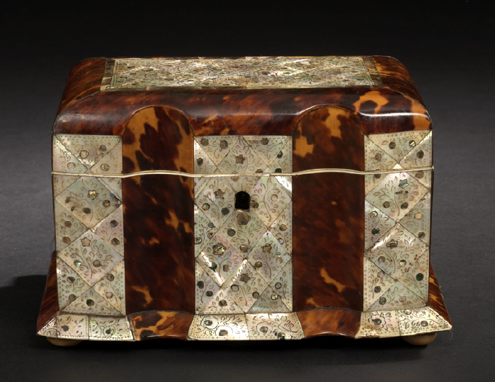 Appraisal: English Block-Front Engraved Mother-of-Pearl-Inlaid Tortoiseshell Double-Compartment Tea Box third quarter