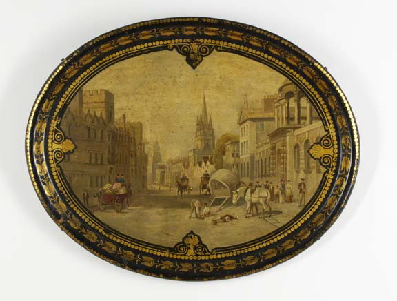 Appraisal: Good Large English Parcel-Gilt and Polychromed Black-Lacquered Papier-Mache Oval Waiter