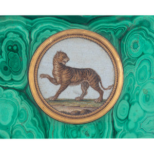 Appraisal: An Italian Micromosaic Tiger Plaque Set in a Malachite Box