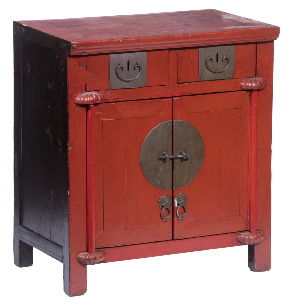 Appraisal: RED LACQUERED CABINET Chinese Late Qing Two-Door Cabinet with applied