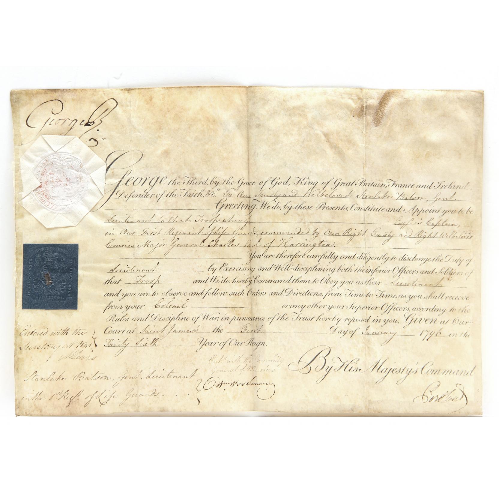 Appraisal: George III Partially Printed Document Signed in upper left corner