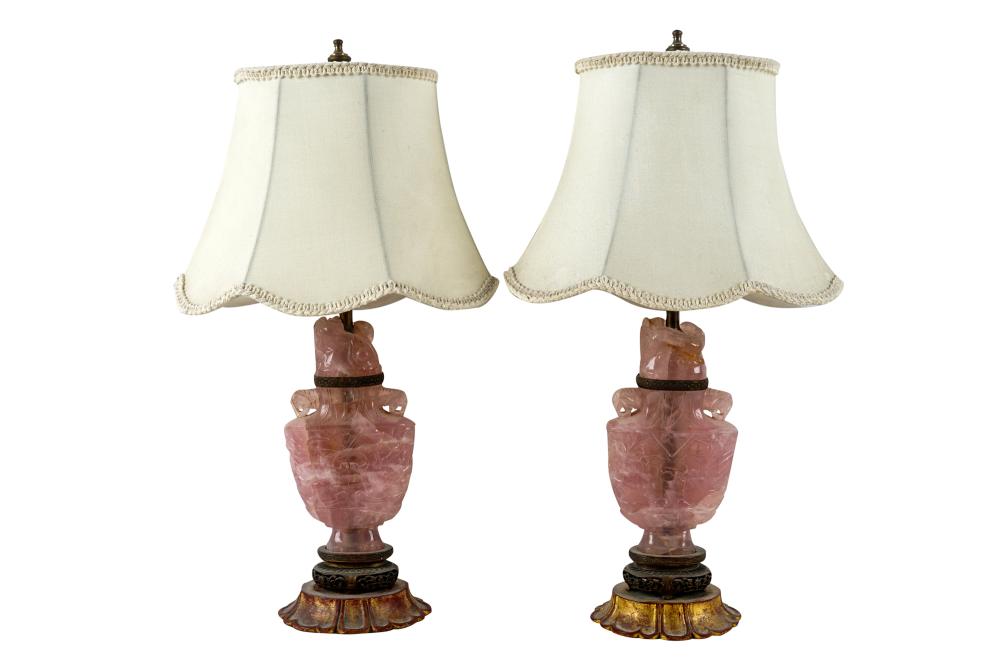 Appraisal: PAIR OF CHINESE PINK QUARTZ BOUDOIR LAMPSeach covered urn inches