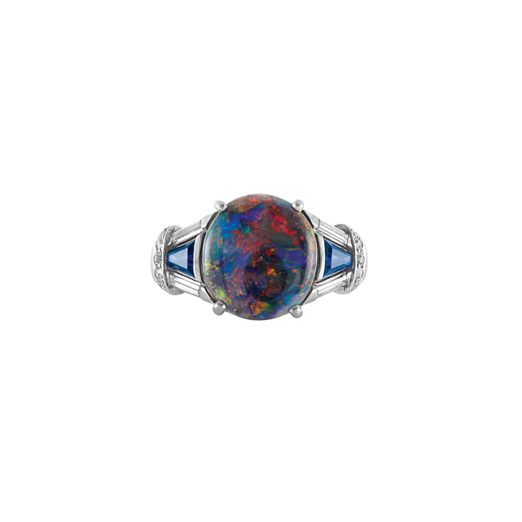 Appraisal: Platinum Black Opal Sapphire and Diamond Ring Centering one oval