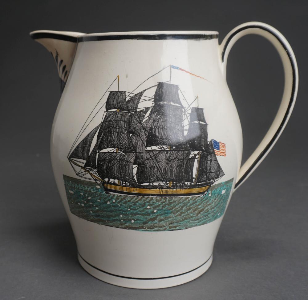 Appraisal: English 'Liverpool Type' Creamware Historical Transfer Decorated Cider Jug in