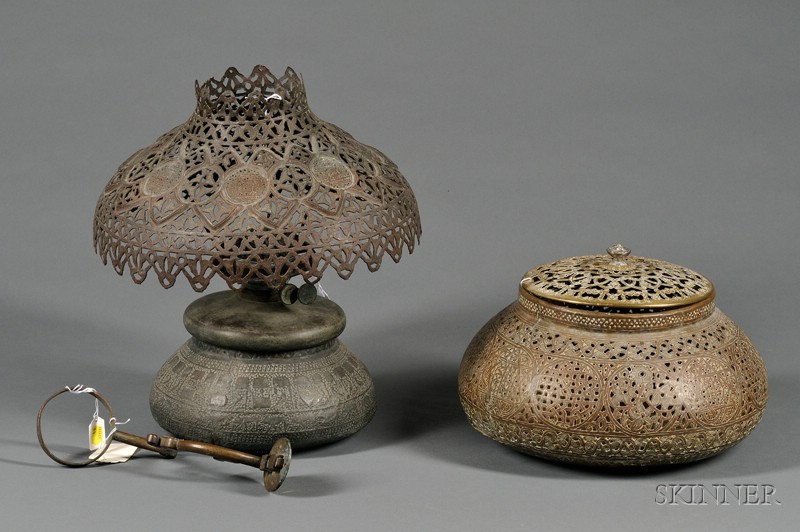 Appraisal: Copper Table Lamp and Covered Container probably Egypt or Damascus