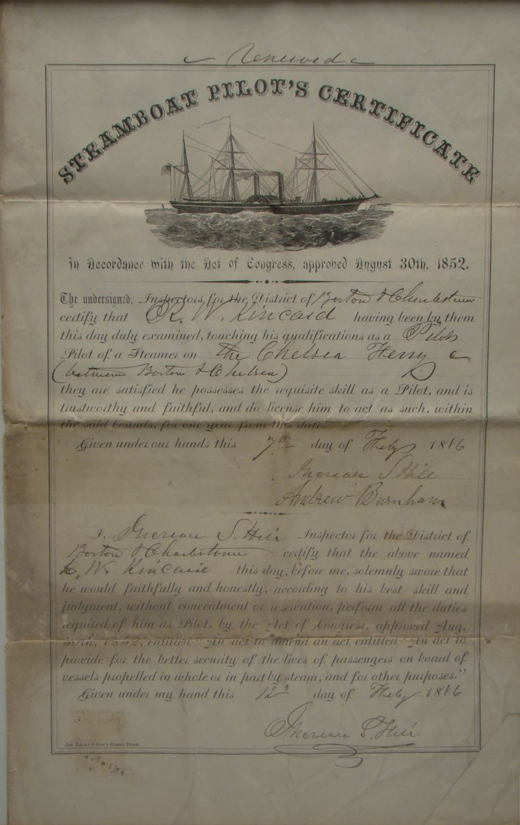 Appraisal: FRAMED STEAMBOAT PILOT'S CERTIFICATE For the Chelsea ferry Certificate for