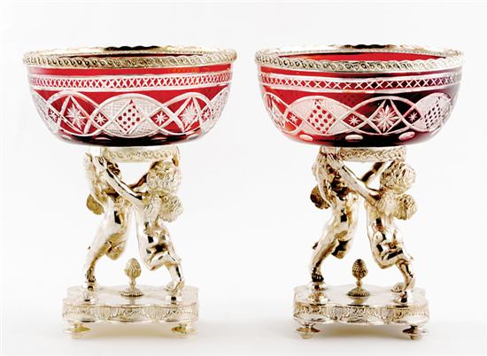 Appraisal: Pair silverplate ruby and cut-to-clear glass centerbowls geometric-designed bowl supported