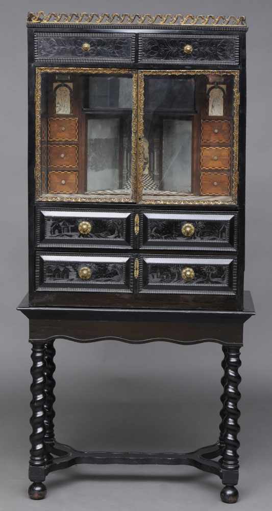 Appraisal: FLEMISH BAROQUE BRASS-MOUNTED EBONIZED AND EBONY CABINET ON STAND The