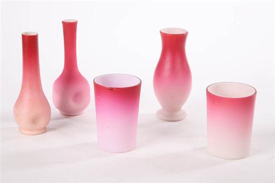 Appraisal: FIVE PIECES OF PEACHBLOW Three vases two with pinched bases