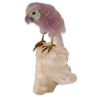 Appraisal: Carved Amethyst Parrot Figurine Mounted on Rock Crystal Base Carved