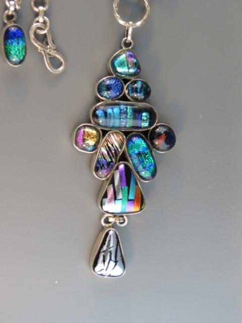 Appraisal: Diochronic Art Glass Sterling Necklace great colors long plus pendant