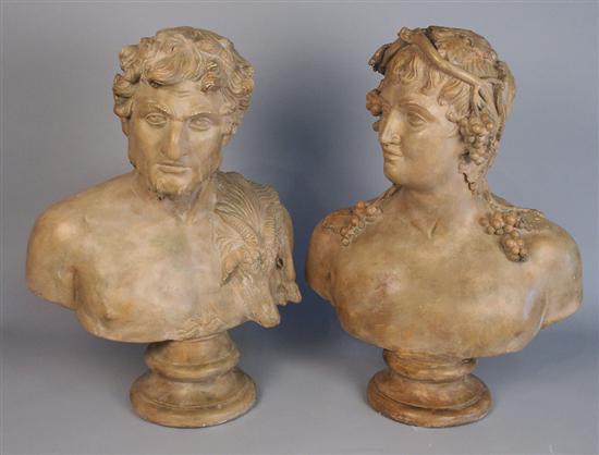 Appraisal: PAIR OF CONTINENTAL TERRACOTTA BUSTS depicting Satyr and Dionysus height