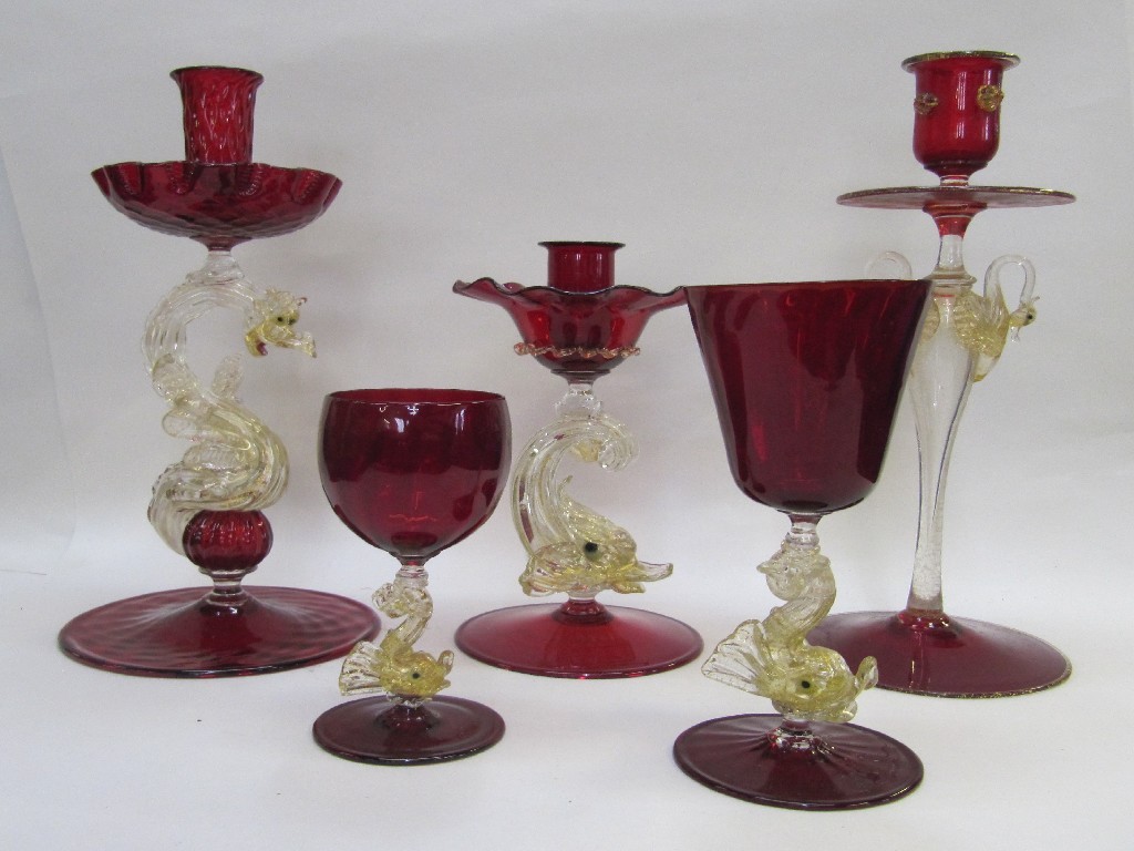 Appraisal: Five pieces of Venetian glass to include three candl