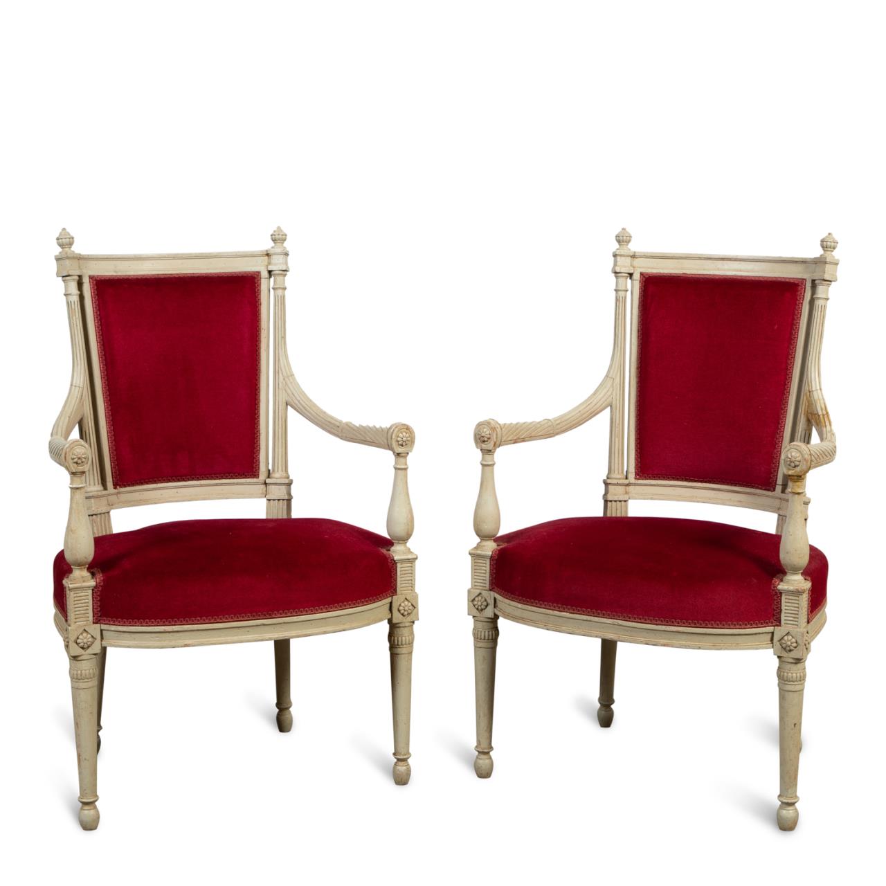 Appraisal: PAIR OF UPHOLSTERED FRENCH FAUTEUILS Pair of painted French fauteuils