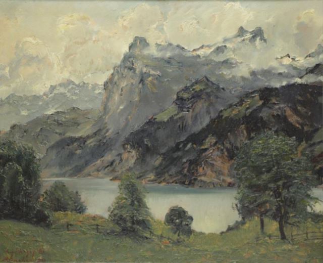 Appraisal: HERZOG August Oil on Canvas MountainousGerman Landscape Signed dated and