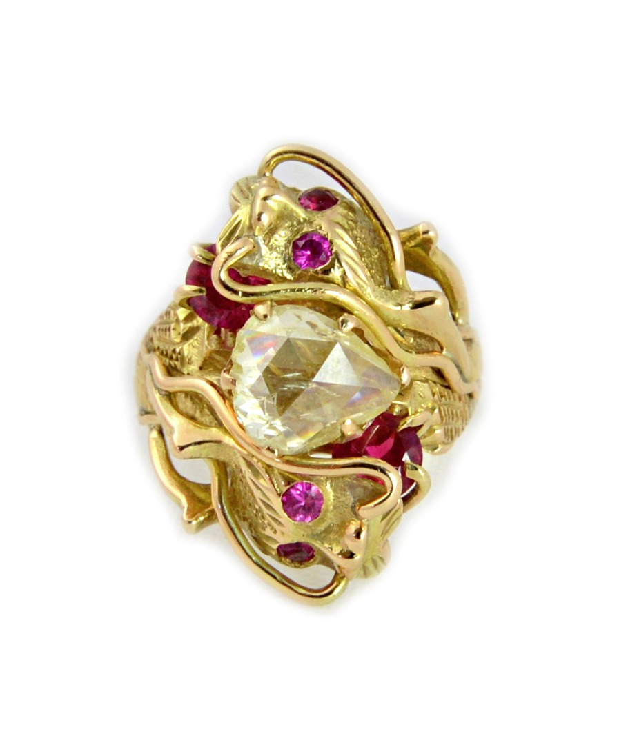 Appraisal: A rose-cut diamond and synthetic ruby ring modelled as two