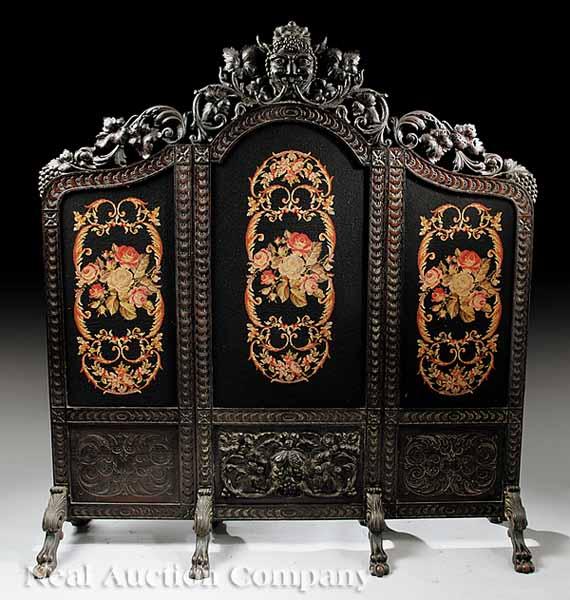 Appraisal: A Belgian Carved Walnut and Needlepoint Three Panel Screen th