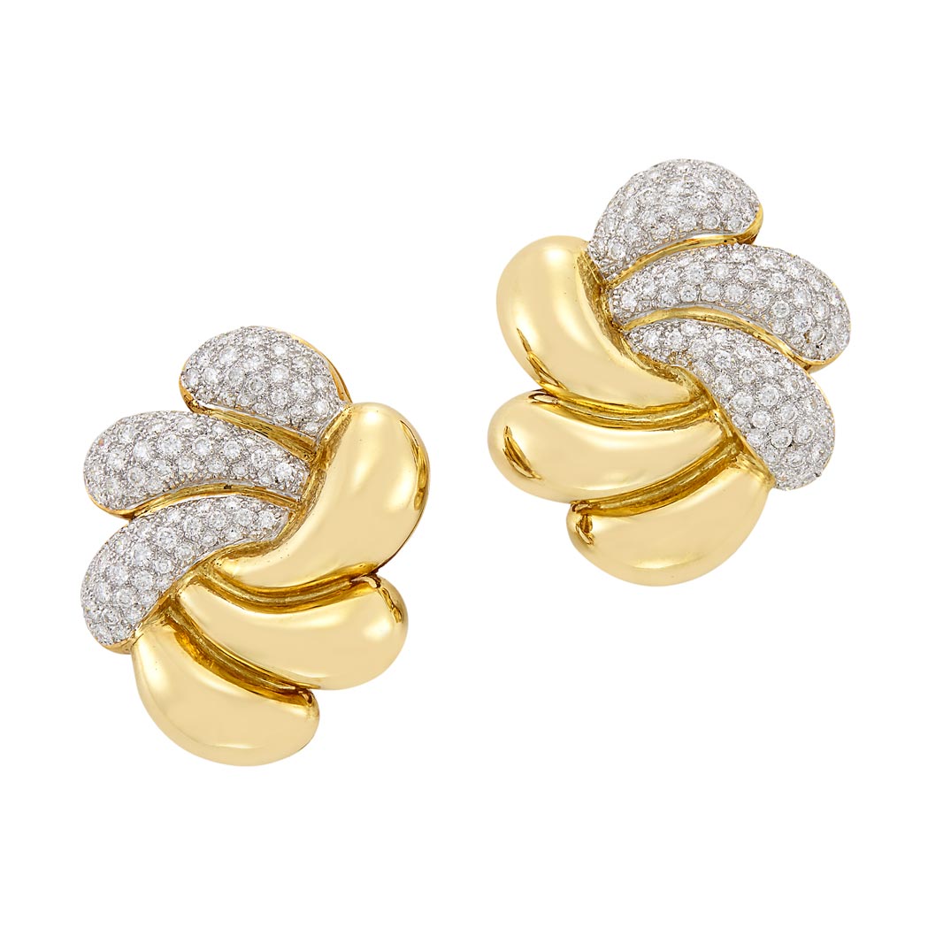 Appraisal: Pair of Two-Color Gold and Diamond Earclips Yellow white gold