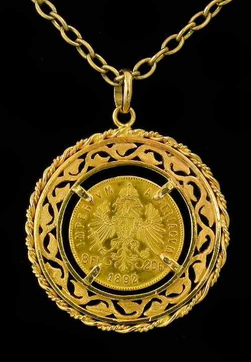 Appraisal: An Austrian Twenty Franc piece in ct gold pendant mount